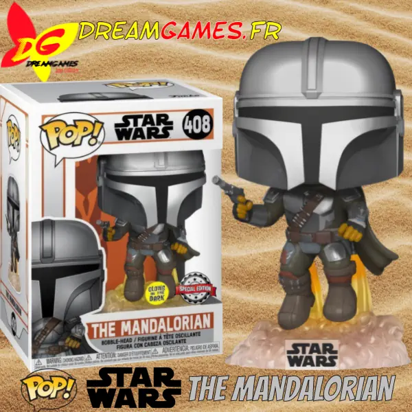 Funko Pop Star Wars The Mandalorian Flying with Blaster 408 Glow Special Edition Box Fig