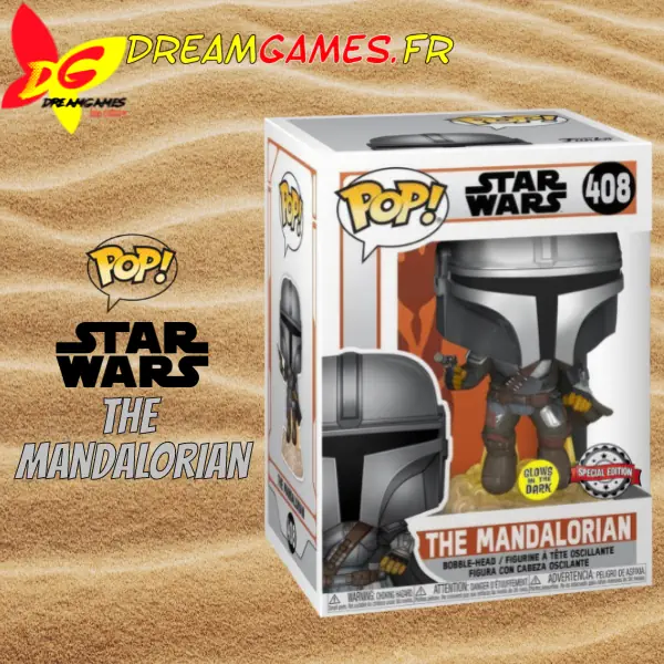 Funko Pop Star Wars The Mandalorian Flying with Blaster 408 Glow Special Edition Box
