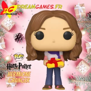 “Figurine funko pop hermione granger holiday représentant Hermione Granger de Harry Potter en tenue de Noël et portant un cadeau.