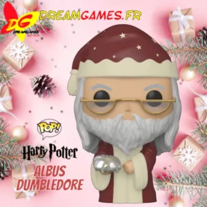 “Figurine Funko Pop Albus Dumbledore Holiday, personnage emblématique de Harry Potter, habillé pour les fêtes dans une robe rouge et tenant un cadeau dans une main.