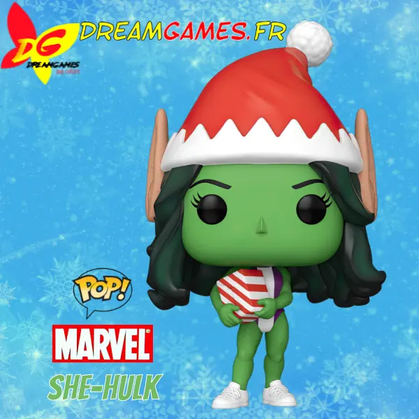 La Funko Pop She-Hulk Holiday est joyeusement parée pour les fêtes avec un chapeau rouge et blanc à oreilles d’elfe. Bobblehead en vinyle, environ 10 cm de haut.
