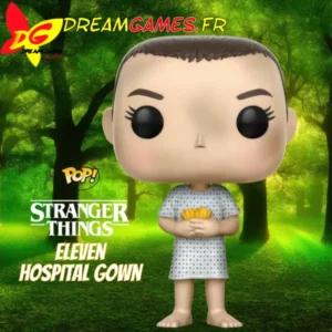 Une figurine Funko Pop Eleven Hospital Gown de Stranger Things 511, affichant Eleven dans sa robe d’hôpital, capturant un moment emblématique de la série.