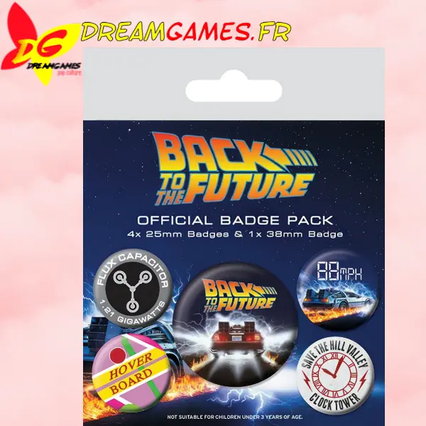 Badge Pack Back to the Future avec motifs iconiques du film pour fans et collectionneurs.