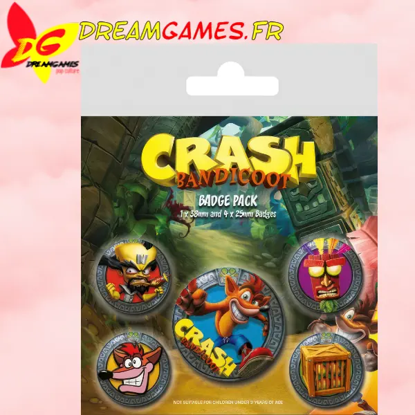 Badge Pack Crash Bandicoot colorés pour les fans du jeu vidéo, avec différents designs emblématiques.