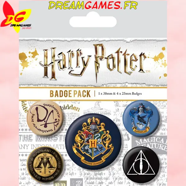 Badge Pack Harry Potter Hogwarts, assortiment d'insignes pour fans avec blasons des maisons et symboles magiques.