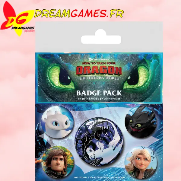 Pack de badges How to Train Your Dragon colorés pour fans de la saga.
