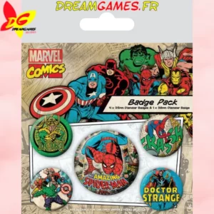 Badge pack Marvel Comics avec logos de super-héros pour collectionneurs.