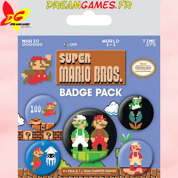 Badge Pack Super Mario Bros avec motifs rétro de Pyramid, pour fans de l'univers Mario.