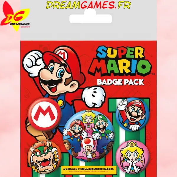 Badge Pack Super Mario avec divers personnages, idéal pour les fans du plombier de chez Nintendo. avec divers motifs, idéal pour les fans du plombier de chez Nintendo.