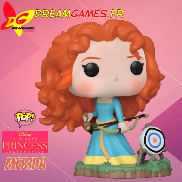 Figurine Funko Pop Merida 1022 tenant arc, cible d'archerie à ses côtés, collection Disney Princesses.