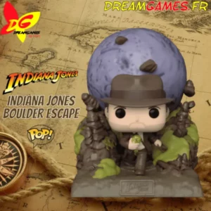 Dr. Jones fuit un rocher en tenant l'idole dorée, dans le Funko Pop Indiana Jones Boulder Escape.
