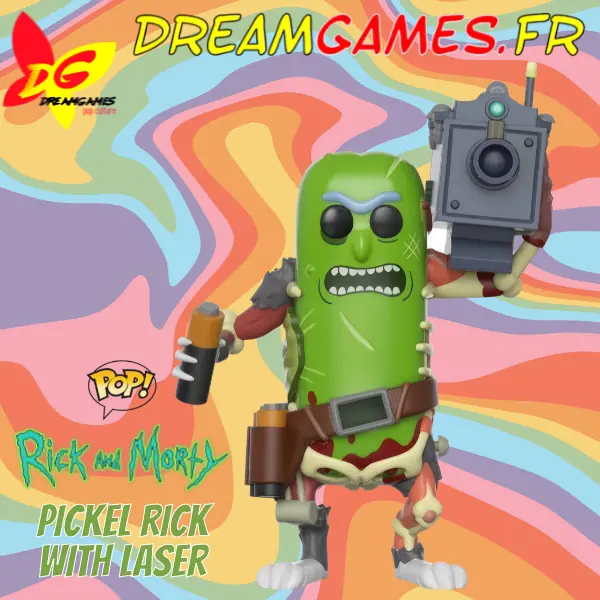 Funko Pop Pickle Rick with laser, prêt pour l'action, dans la série Rick and Morty.