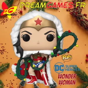 Funko Pop Wonder Woman tenant un lasso lumineux, en posture de combat, détails précis et couleurs vives.