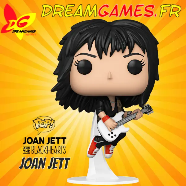 Figurine Funko Pop Joan Jett avec guitare, tenue de scène noire et coiffure emblématique.