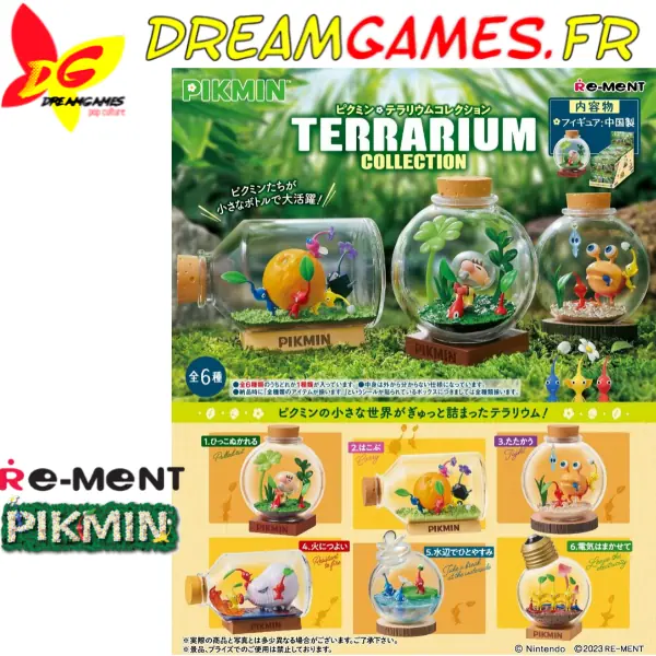 Terrarium miniature avec figurines Pikmin, collection Re-Ment, couleurs éclatantes et détails soignés.