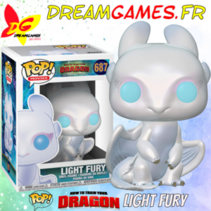 Funko Pop Light Fury de "How to Train Your Dragon", figurine blanche ailée, yeux bleus.