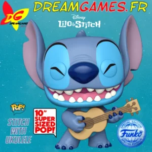 Figurine Funko Pop Stitch avec un ukulélé, version super sized, capturant le personnage adorable dans un moment musical.