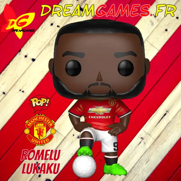Funko Pop Romelu Lukaku en tenue de match, figurine de collection avec détails précis.