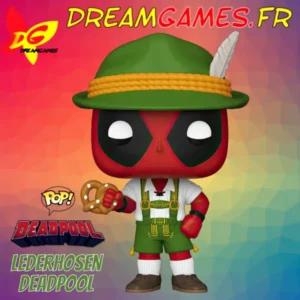 Figurine Funko Pop Lederhosen Deadpool 1341, en costume traditionnel, avec des détails vifs et colorés.