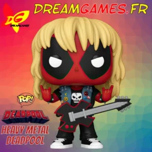 Figurine Funko Pop Heavy Metal Deadpool 1343, avec Deadpool tenant une guitare, en tenue de rockeur.