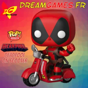 Figurine funko pop deadpool on scooter 48, colorée, Deadpool posant fièrement sur un scooter rouge vif.