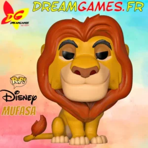 Figurine "funko pop mufasa 495 the lion king" colorée, représentant Mufasa dans une pose fière et majestueuse.