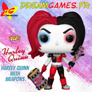 Funko Pop Harley Quinn with weapons 453, tenue colorée, tenant batte et mailler. Détails précis, idéal pour collectionneurs.