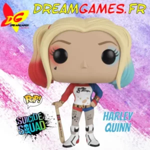 Funko Pop Harley Quinn 97 Suicide Squad, figurine colorée avec batte de baseball, sur socle.