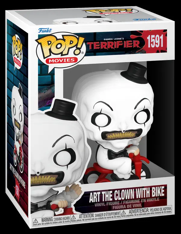 Découvrez la Funko Pop Art the Clown with bike Terrifier, une figurine unique représentant le célèbre clown terrifiant sur son vélo.