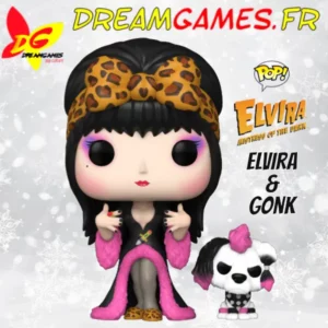 Figurine Funko Pop Elvira & Gonk, représentant Elvira avec son compagnon Gonk, parfaite pour les collectionneurs et fans d'horreur.