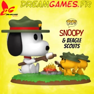 "Funko Pop Snoopy & beagle Scouts représente Snoopy autour d'un feu de camp avec ses amis, capturant un moment convivial.