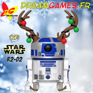 Funko Pop R2-D2 avec bois de Renne et guirlandes de Noël.
