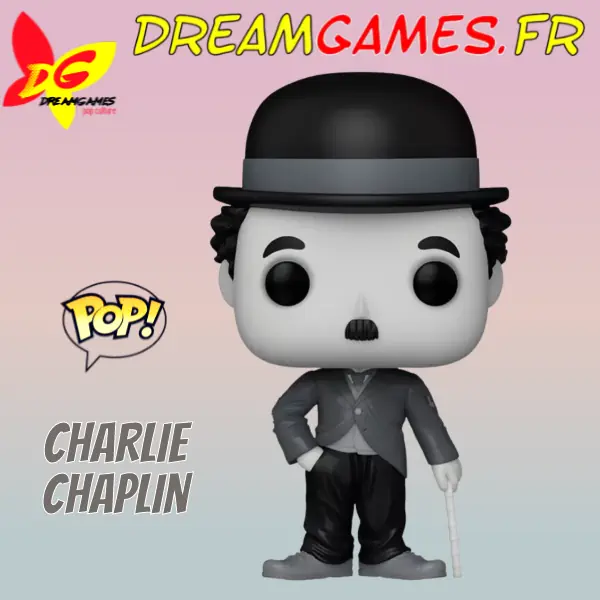 Figurine Funko Pop Icons 79 Charlie Chaplin, représentant le célèbre personnage avec son chapeau melon et sa canne.