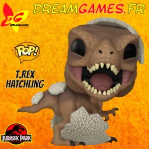 La figurine Funko Pop T. Rex Hatchling 1716 Jurassic Park représente un jeune dinosaure sortant de son œuf, avec un design détaillé.