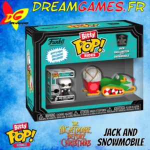 Découvrez la figurine Bitty Pop Rides Jack Skellington with Snowmobile, représentant Jack dans son traîneau coloré, idéal pour les fans de l'univers de Noël.