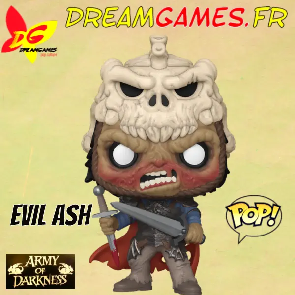 Funko Pop Evil Ash 1881 Army of Darkness représente le personnage emblématique avec son casque de squelette et son épée, parfait pour les collectionneurs.