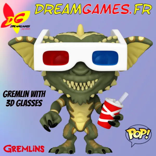Figurine Funko Pop Gremlin 1147 with 3D Glasses Gremlins, représentant un gremlin amusant avec lunettes et boisson.