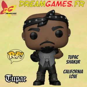 Figurine Funko Pop Tupac Shakur 446 California Love, représentant le célèbre rappeur dans son style iconique.
