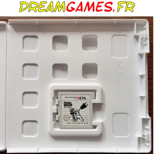Photo réelle - Boîte ouverte Chibi-Robo! Zip Lash 3DS - Intérieur avec cartouche et manuel