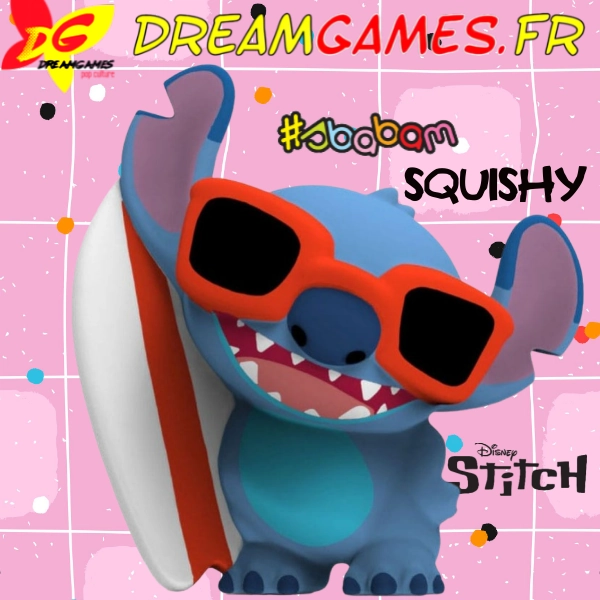 Squishy Stitch avec planche de surf et lunettes de soleil